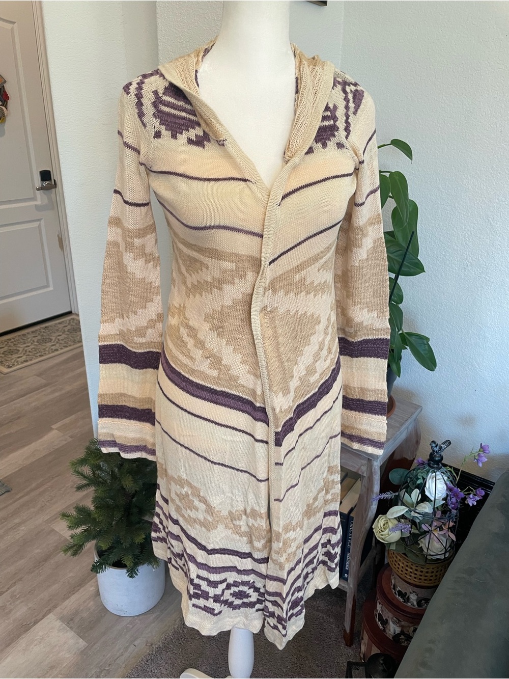 Mudd along Hooded Knit Cardigan Sweater in Cream and Purple 90s aesthetic NWT